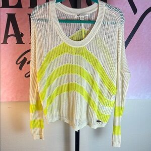 Trendy Lightweight Roxy Women's Sweater - White and Neon Yellow Crew Neck Vented